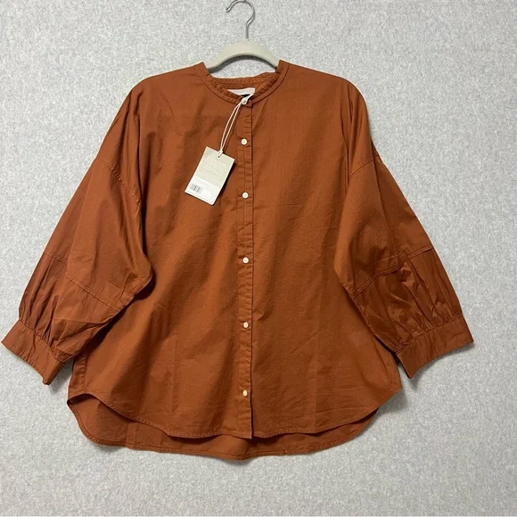 Everlane Collarless Button Down 3/4 Sleeve Top NWT Size 16 Brown Tortoiseshell - Picture 4 of 11